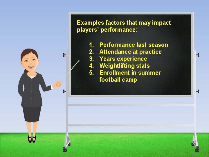 Examples factors that may impact players’ performance: 1. 2. 3. 4. 5. Performance last