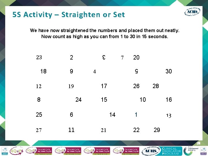 5 S Activity – Straighten or Set We have now straightened the numbers and