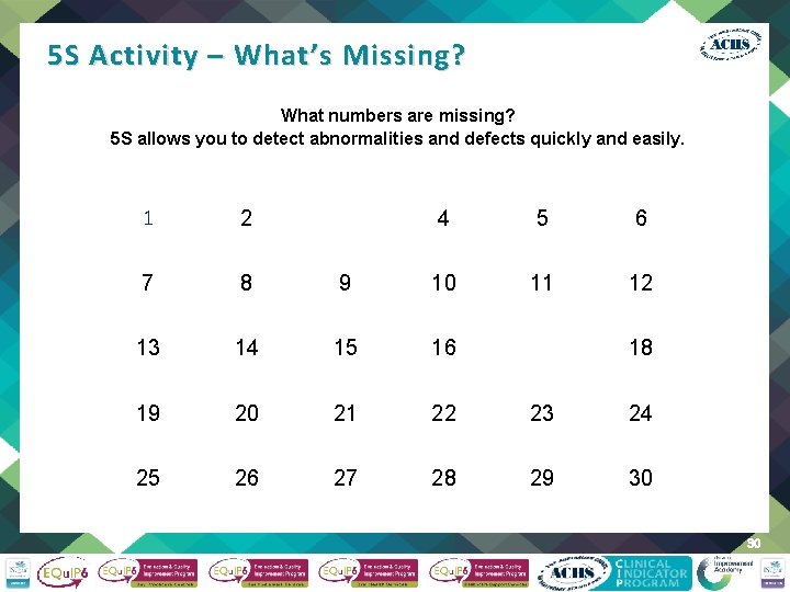 5 S Activity – What’s Missing? What numbers are missing? 5 S allows you