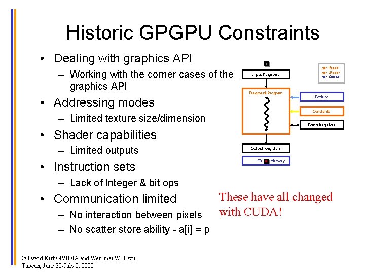 Historic GPGPU Constraints • Dealing with graphics API – Working with the corner cases