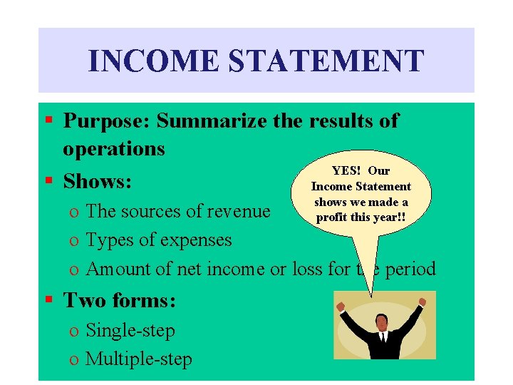 INCOME STATEMENT § Purpose: Summarize the results of operations YES! Our § Shows: Income