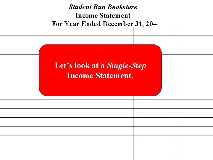 Student Run Bookstore Income Statement For Year Ended December 31, 20 -- Let’s look