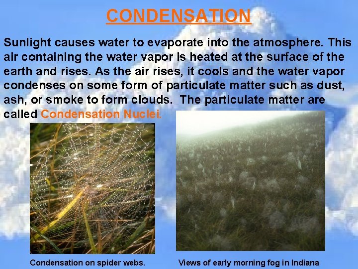 CONDENSATION Sunlight causes water to evaporate into the atmosphere. This air containing the water