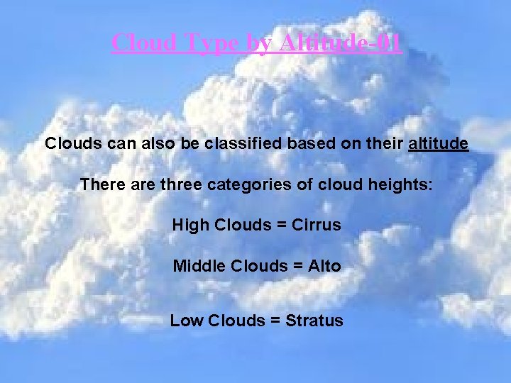 Cloud Type by Altitude-01 Clouds can also be classified based on their altitude There