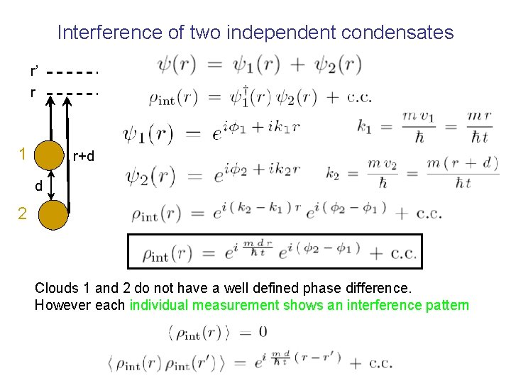 Interference of two independent condensates r’ r 1 r+d d 2 Clouds 1 and