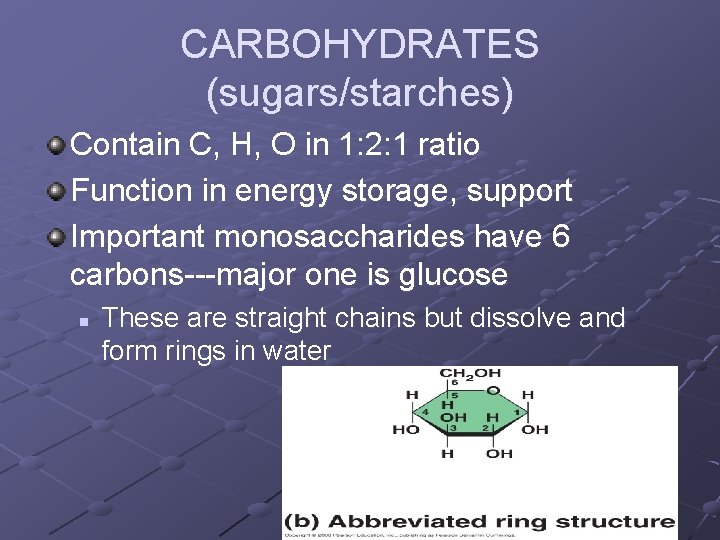 CARBOHYDRATES (sugars/starches) Contain C, H, O in 1: 2: 1 ratio Function in energy