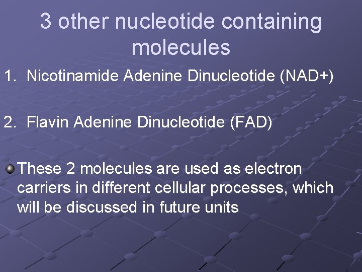 3 other nucleotide containing molecules 1. Nicotinamide Adenine Dinucleotide (NAD+) 2. Flavin Adenine Dinucleotide