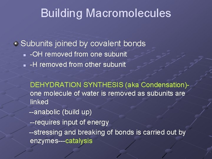 Building Macromolecules Subunits joined by covalent bonds n n -OH removed from one subunit