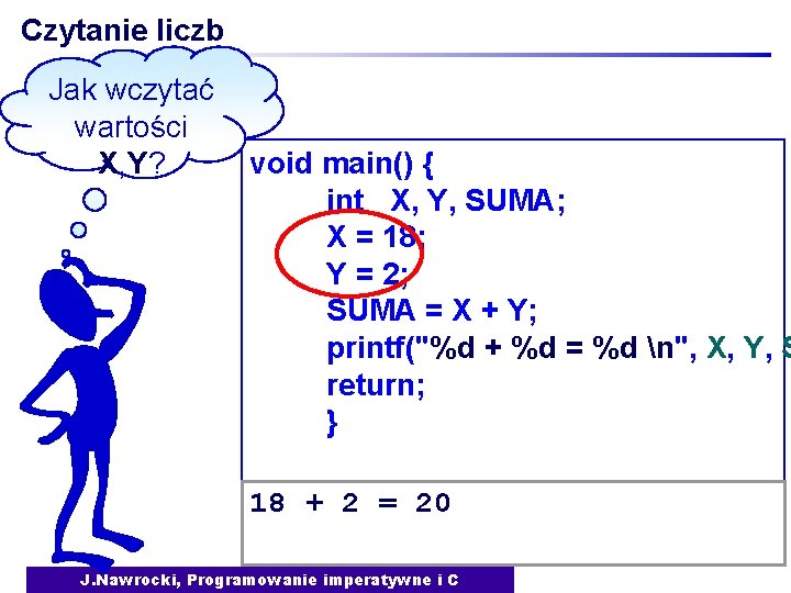 Czytanie liczb Jak wczytać wartości X, Y? void main() { int X, Y, SUMA;