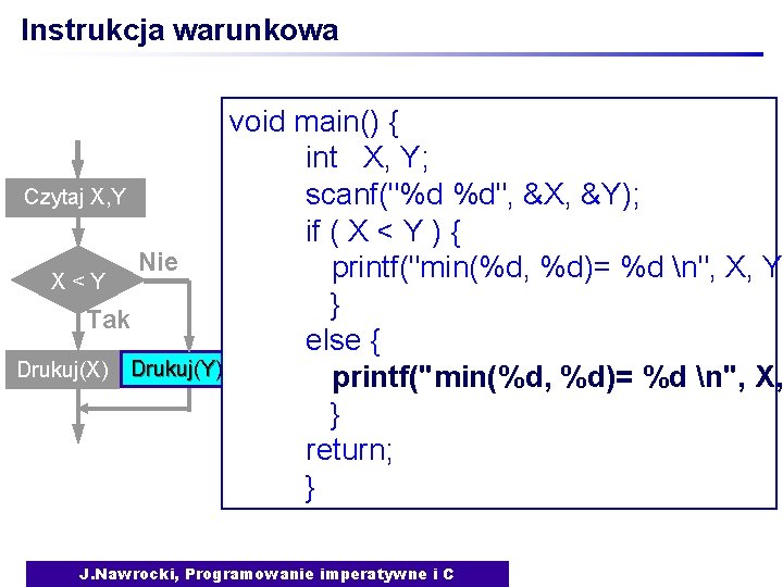 Instrukcja warunkowa void main() { int X, Y; scanf("%d %d", &X, &Y); Czytaj X,