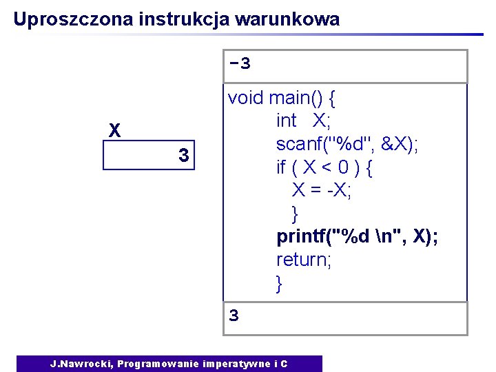 Uproszczona instrukcja warunkowa -3 X 3 void main() { int X; scanf("%d", &X); if