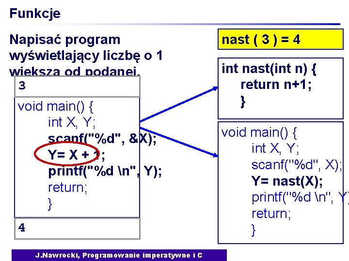 Funkcje Napisać program wyświetlający liczbę o 1 większą od podanej. 3 void main() {