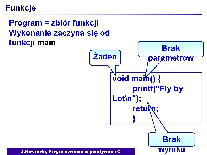 Funkcje Program = zbiór funkcji Wykonanie zaczyna się od funkcji main Żaden Brak parametrów