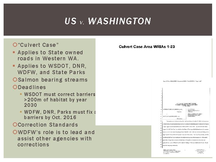 US V. WASHINGTON “Culvert Case” § Applies to State owned roads in Western WA.