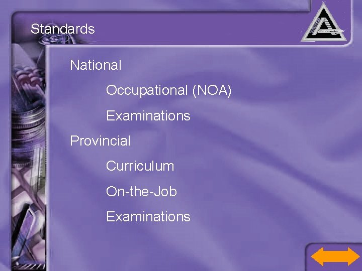 Standards National Occupational (NOA) Examinations Provincial Curriculum On-the-Job Examinations 