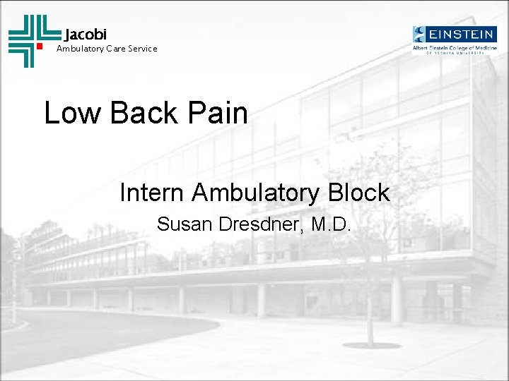 Jacobi Ambulatory Care Service Low Back Pain Intern Ambulatory Block Susan Dresdner, M. D.