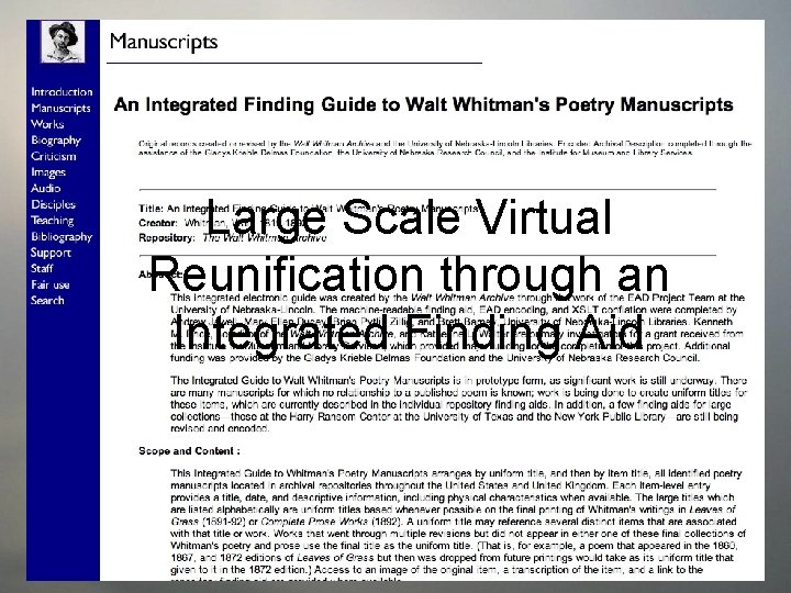 Large Scale Virtual Reunification through an Integrated Finding Aid 