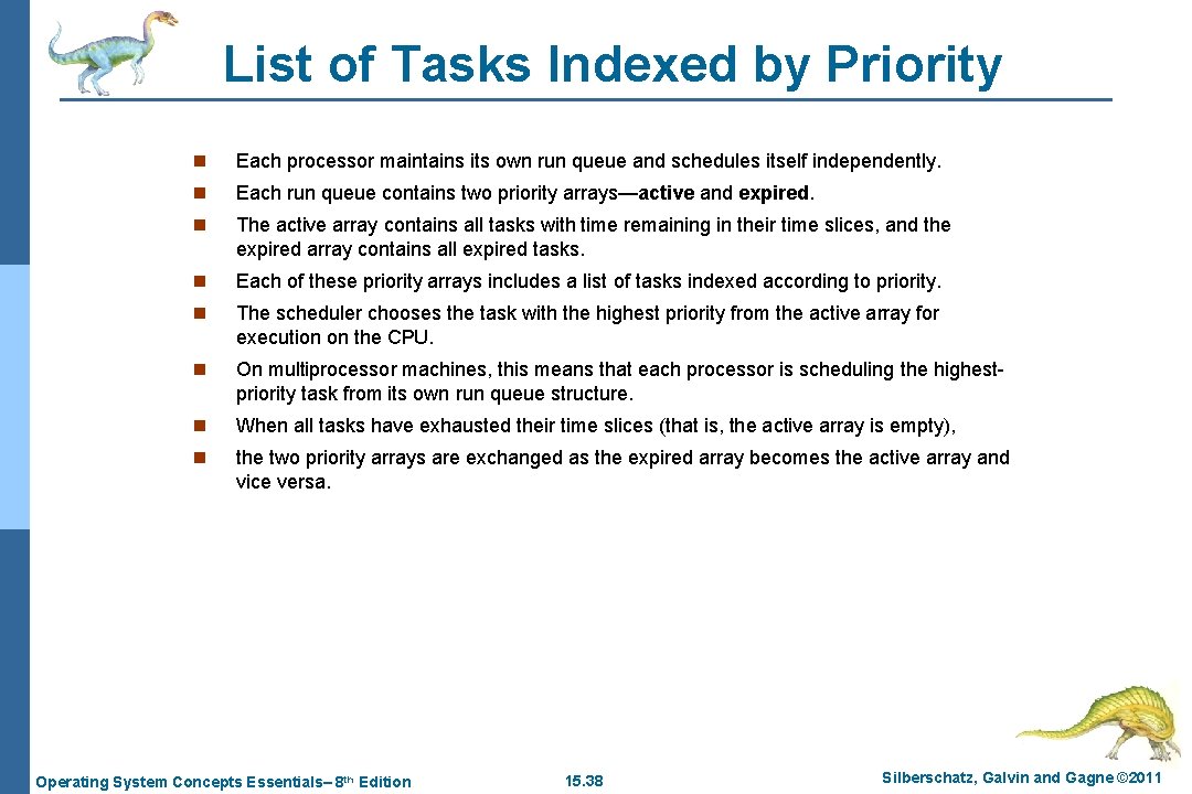 List of Tasks Indexed by Priority n Each processor maintains its own run queue