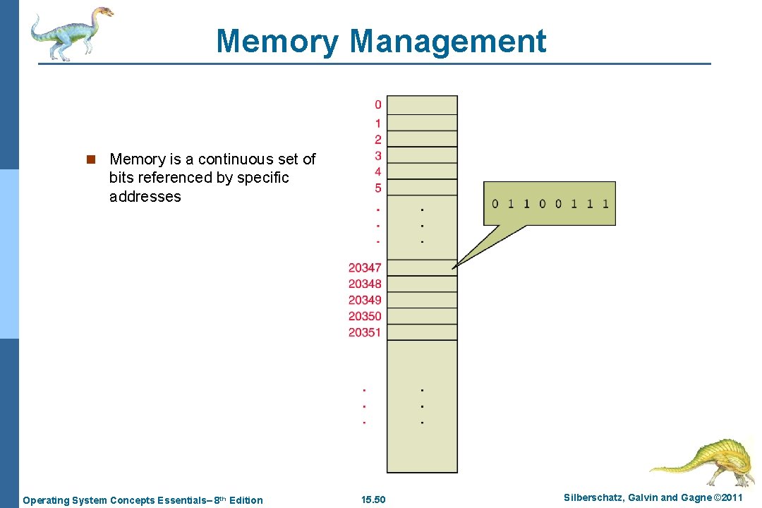 Memory Management n Memory is a continuous set of bits referenced by specific addresses