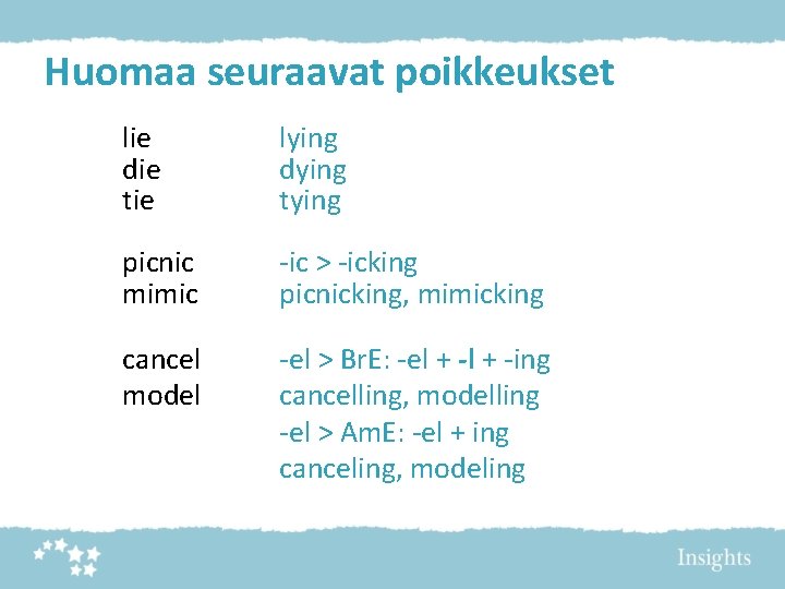 Huomaa seuraavat poikkeukset lie die tie lying dying tying picnic mimic -ic > -icking