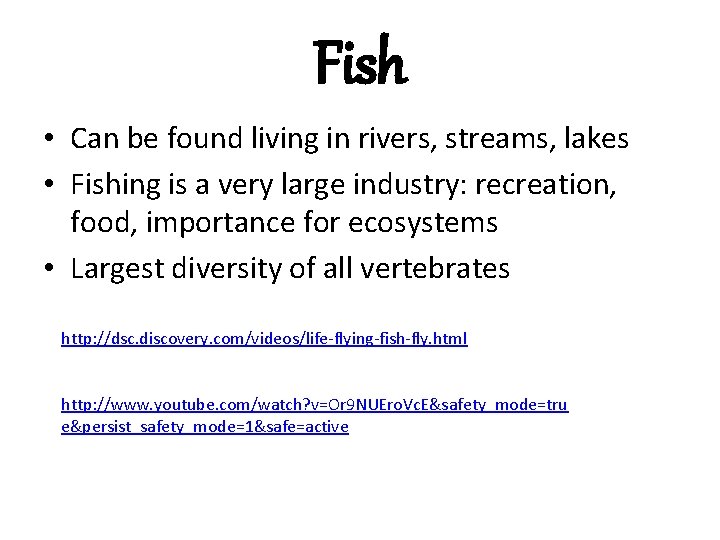 Fish • Can be found living in rivers, streams, lakes • Fishing is a