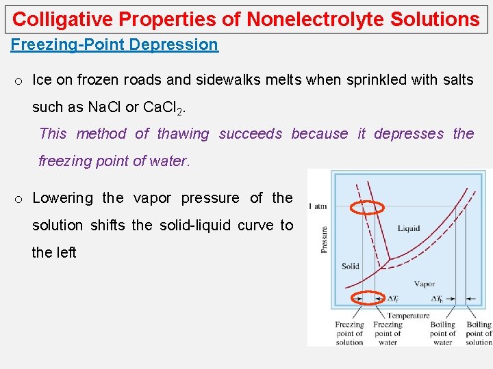 Colligative Properties of Nonelectrolyte Solutions Freezing-Point Depression o Ice on frozen roads and sidewalks