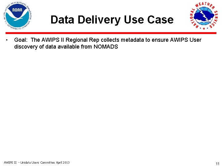 Data Delivery Use Case • Goal: The AWIPS II Regional Rep collects metadata to