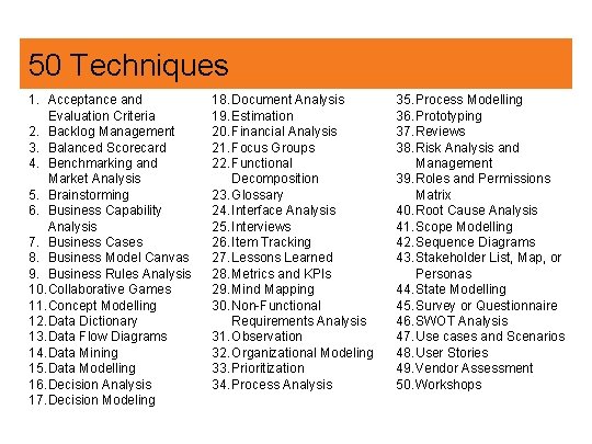 50 Techniques 1. Acceptance and Evaluation Criteria 2. Backlog Management 3. Balanced Scorecard 4.