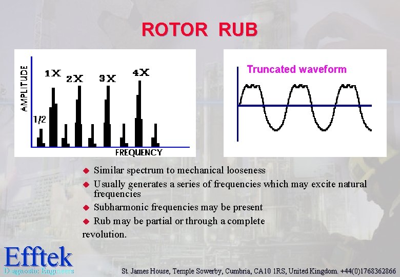 ROTOR RUB Truncated waveform Similar spectrum to mechanical looseness u Usually generates a series ROTOR RUB Truncated waveform Similar spectrum to mechanical looseness u Usually generates a series