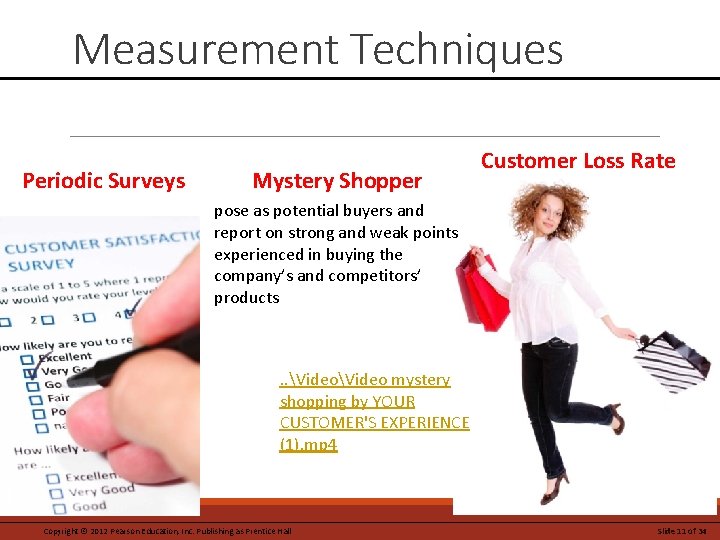 Measurement Techniques Periodic Surveys Mystery Shopper Customer Loss Rate pose as potential buyers and