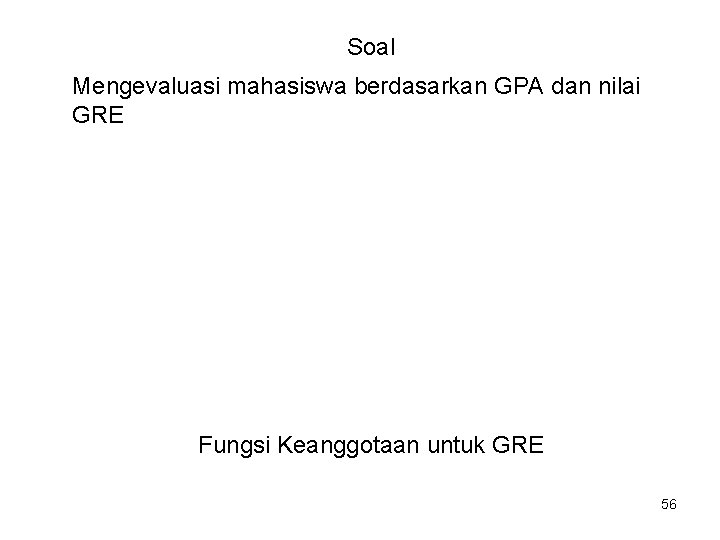 Soal Mengevaluasi mahasiswa berdasarkan GPA dan nilai GRE Fungsi Keanggotaan untuk GRE 56 Soal Mengevaluasi mahasiswa berdasarkan GPA dan nilai GRE Fungsi Keanggotaan untuk GRE 56