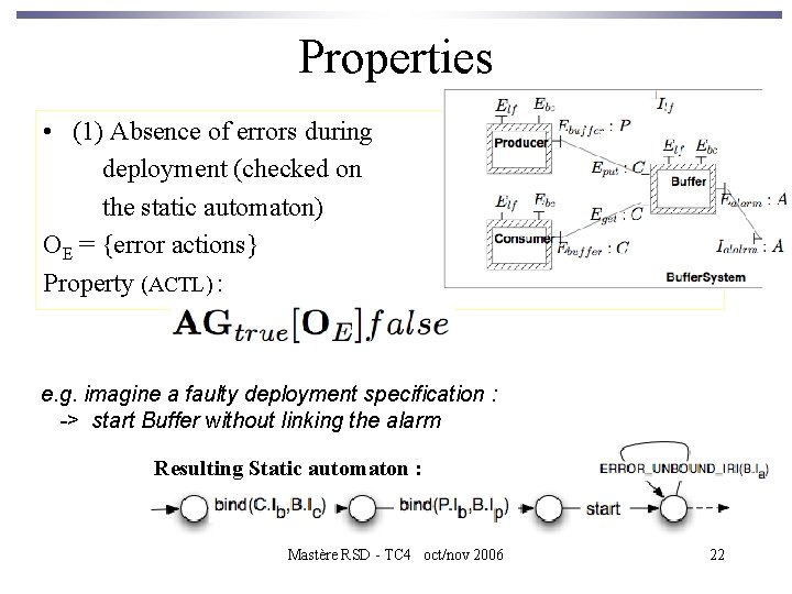 Properties • (1) Absence of errors during deployment (checked on the static automaton) OE