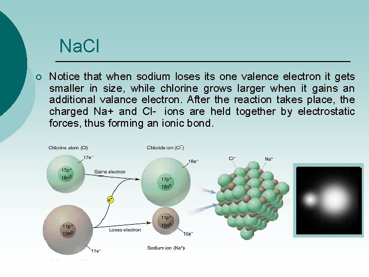 Na. Cl ¡ Notice that when sodium loses its one valence electron it gets