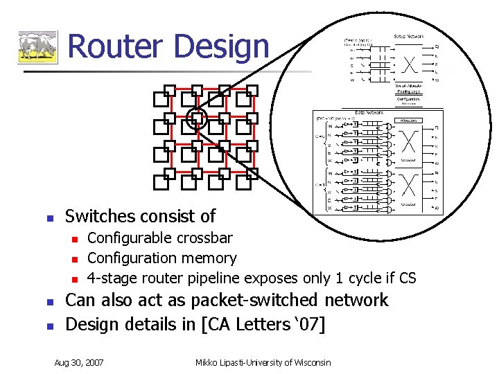 Router Design n Switches consist of n n n Configurable crossbar Configuration memory 4