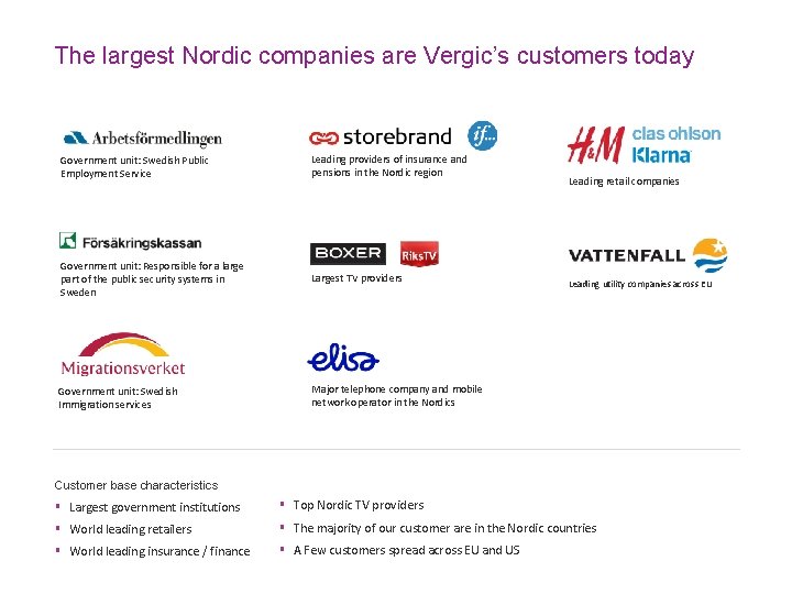 The largest Nordic companies are Vergic’s customers today Government unit: Swedish Public Employment Service