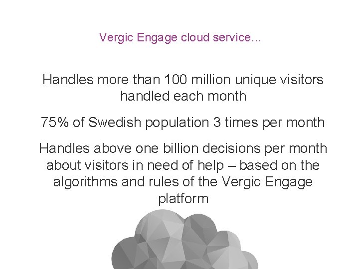 Vergic Engage cloud service… Handles more than 100 million unique visitors handled each month