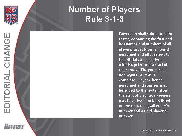 EDITORIAL CHANGE Number of Players Rule 3 -1 -3 Each team shall submit a