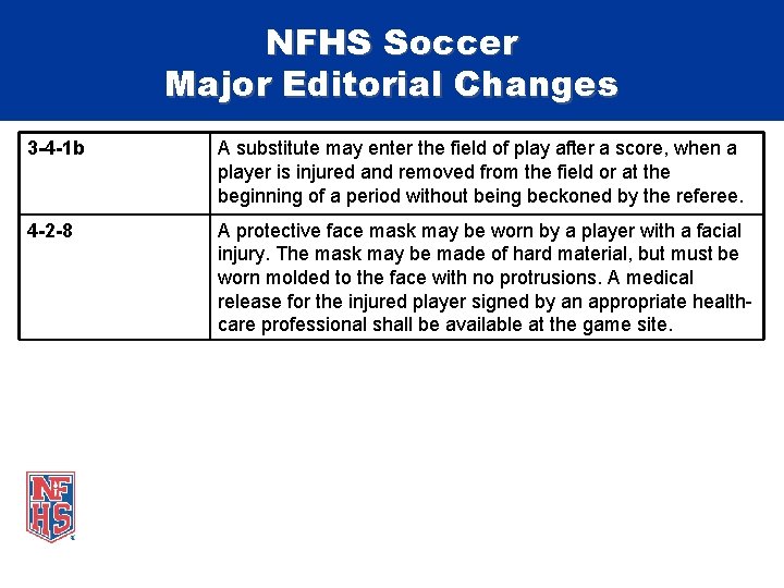 NFHS Soccer Major Editorial Changes 3 -4 -1 b A substitute may enter the