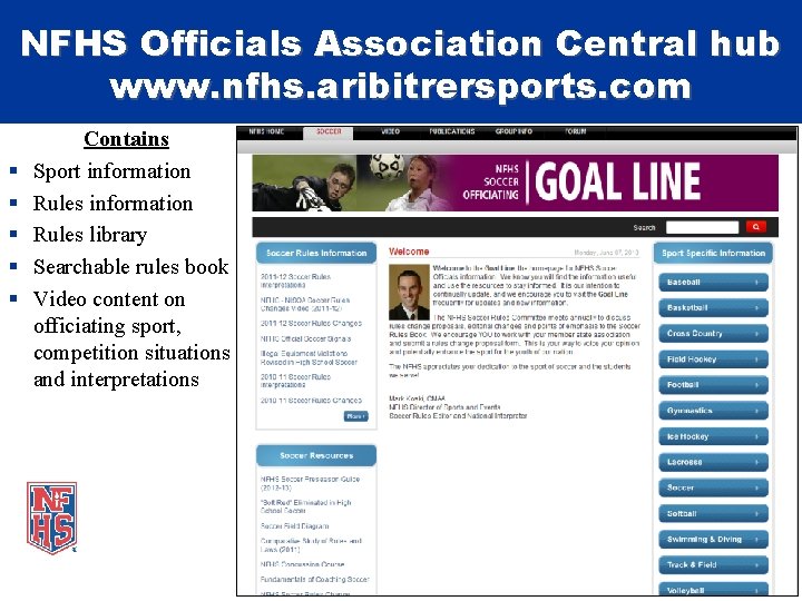 NFHS Officials Association Central hub www. nfhs. aribitrersports. com § § § Contains Sport