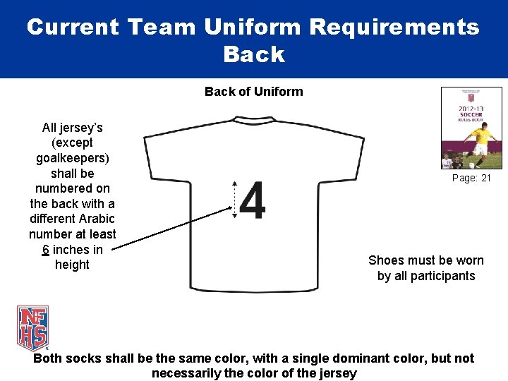 Current Team Uniform Requirements Back of Uniform All jersey’s (except goalkeepers) shall be numbered