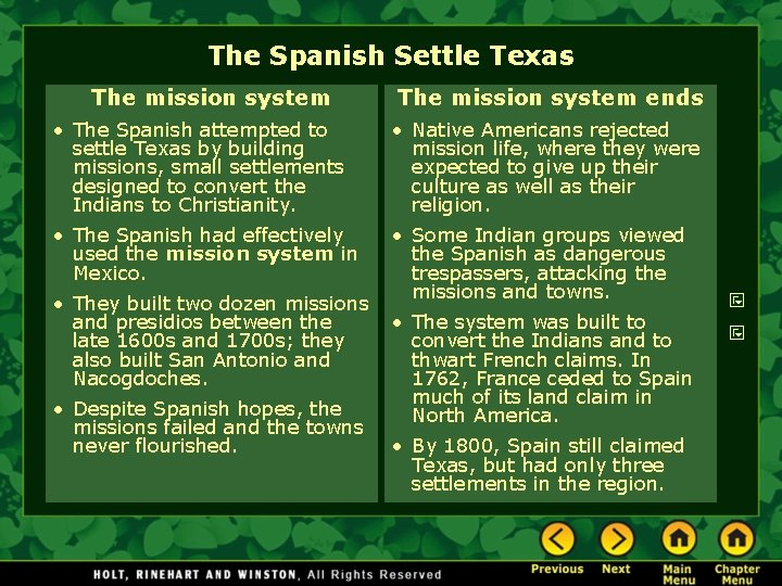The Spanish Settle Texas The mission system ends • The Spanish attempted to settle