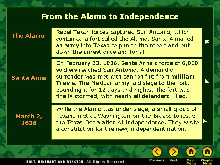 From the Alamo to Independence The Alamo Rebel Texan forces captured San Antonio, which