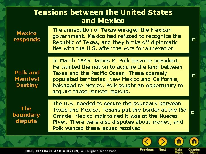 Tensions between the United States and Mexico responds Polk and Manifest Destiny The boundary