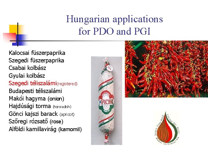Hungarian applications for PDO and PGI Kalocsai füszerpaprika Szegedi füszerpaprika Csabai kolbász Gyulai kolbász