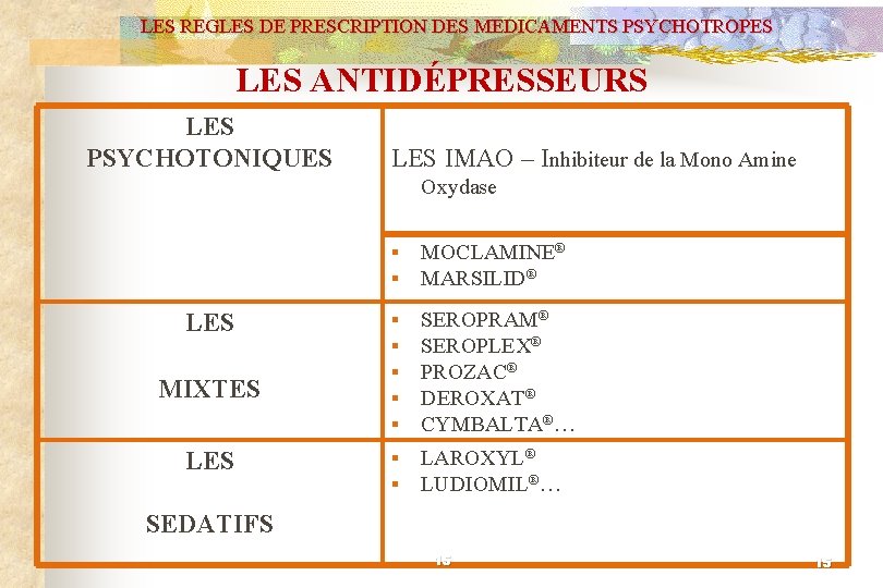 LES REGLES DE PRESCRIPTION DES MEDICAMENTS PSYCHOTROPES LES ANTIDÉPRESSEURS LES PSYCHOTONIQUES LES IMAO –