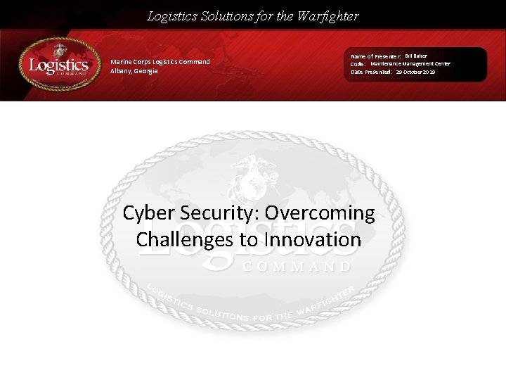 Logistics Solutions for the Warfighter Marine Corps Logistics Command Albany, Georgia Name of Presenter: Logistics Solutions for the Warfighter Marine Corps Logistics Command Albany, Georgia Name of Presenter: