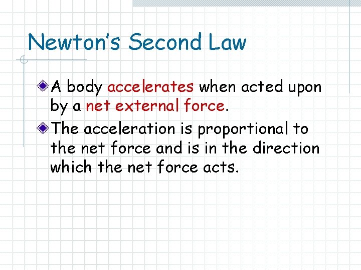 Newton’s Second Law A body accelerates when acted upon by a net external force.