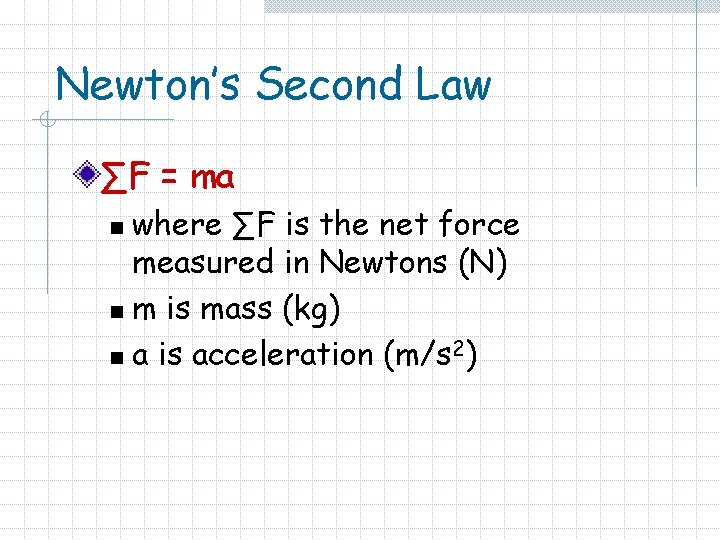 Newton’s Second Law ∑F = ma where ∑F is the net force measured in