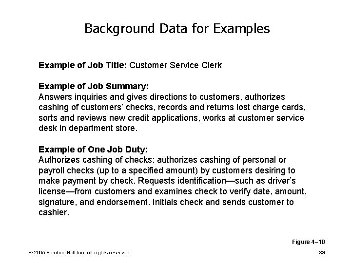 Background Data for Examples Example of Job Title: Customer Service Clerk Example of Job
