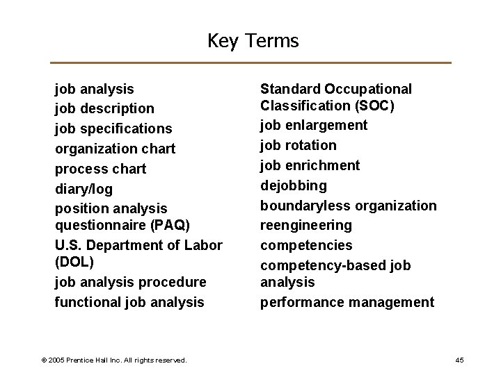 Key Terms job analysis job description job specifications organization chart process chart diary/log position